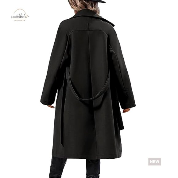 Elegant Wool Pea Coat Double Breasted Belted Classic Winter Overcoat Long Sleeve - Picture 5 of 7